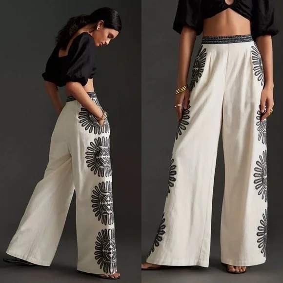 Anthropologie Ollari Cream Embellished Wide Leg Pants - Picture 2 of 16